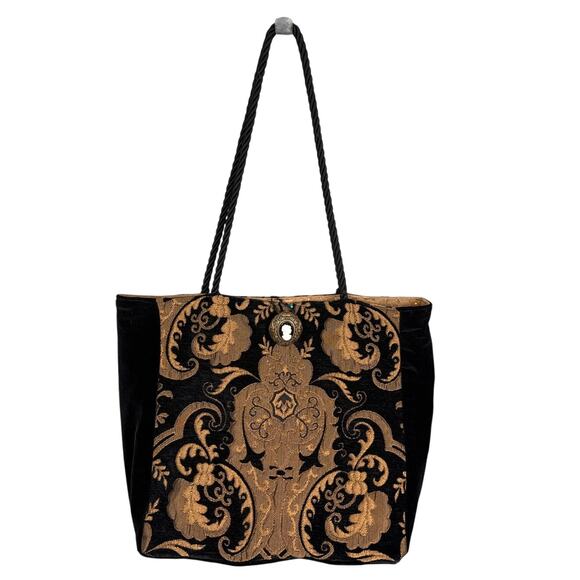 Mia Borsa! Purse Velvet Tapestry Cameo Brooch Closure Vintage Black Gold Rare - Picture 1 of 9